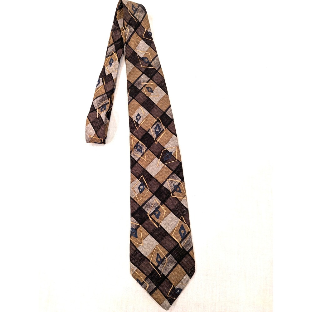 Bugatti Tie Mens Classic Wide Brown Geometric Diamond Pattern 100% Italian Silk